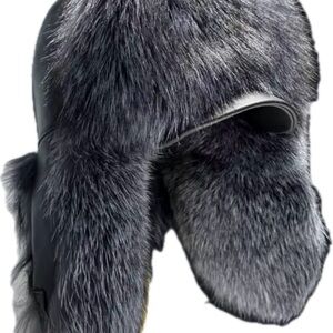 Silver fox and Black leather fur  Aviator Hat